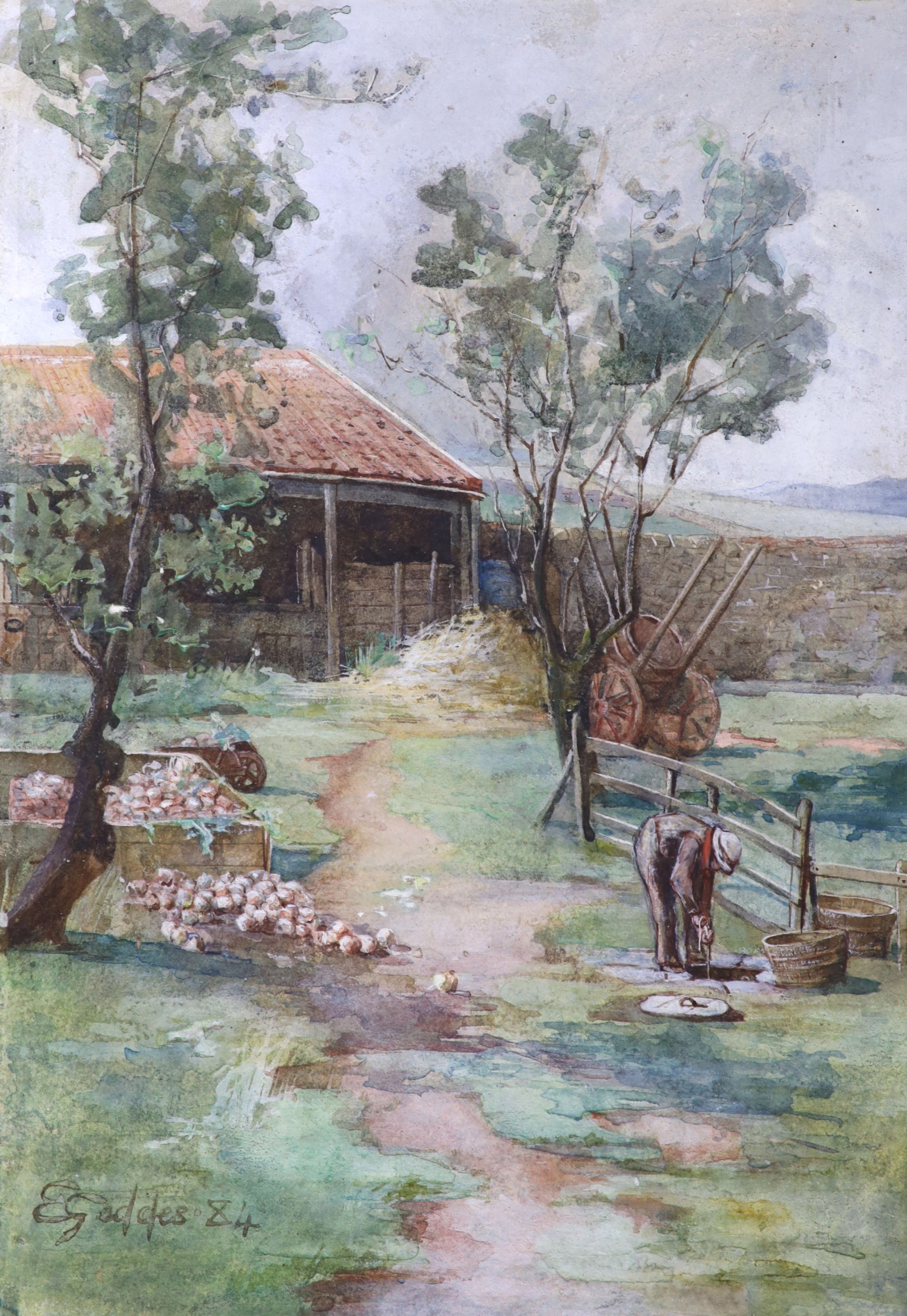 Two small unframed watercolours; Margaret Isabel Chilton ‘Cornish Elms’ and E.Gaddes, farmer beside a well, 27 x 19cm.